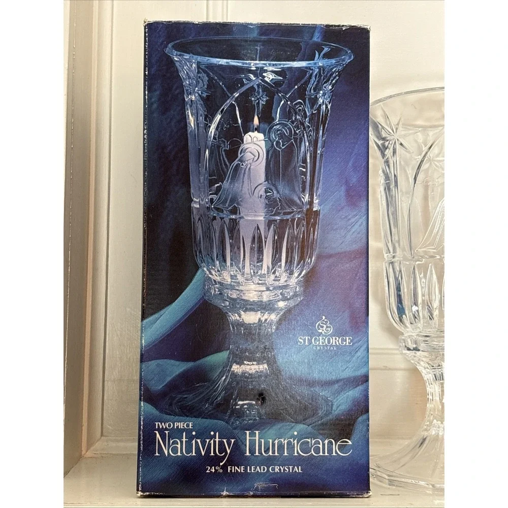 St George Crystal 2 Piece Nativity Hurricane 24% Fine‎ Lead Crystal Glass Candle